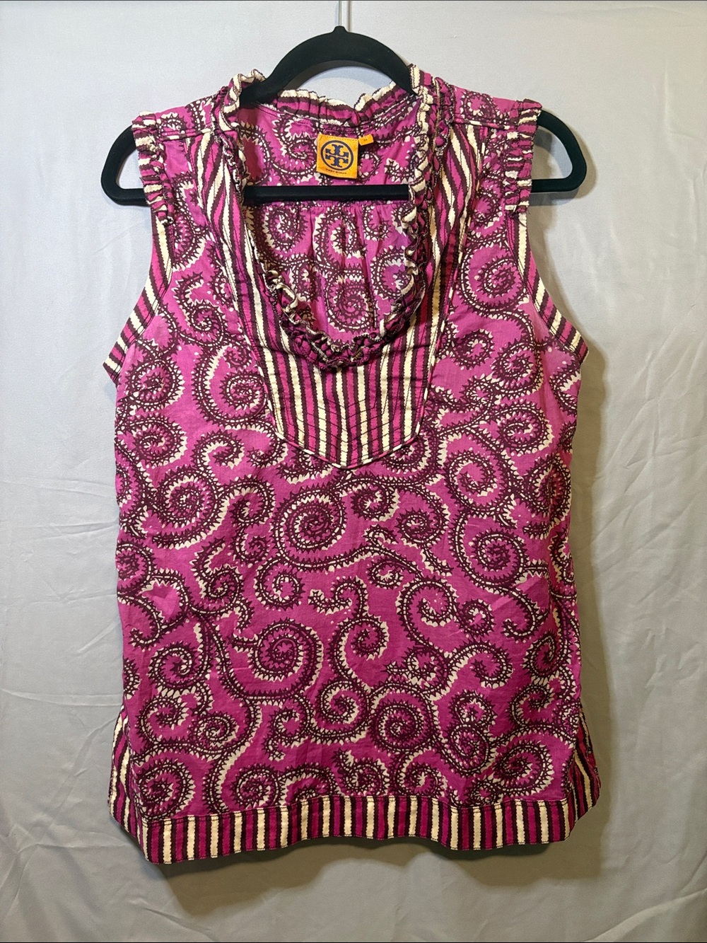 Tory Burch Pink White Stripes Patterned Ruffle-Trim Boho Sleeveless V-neck Tank